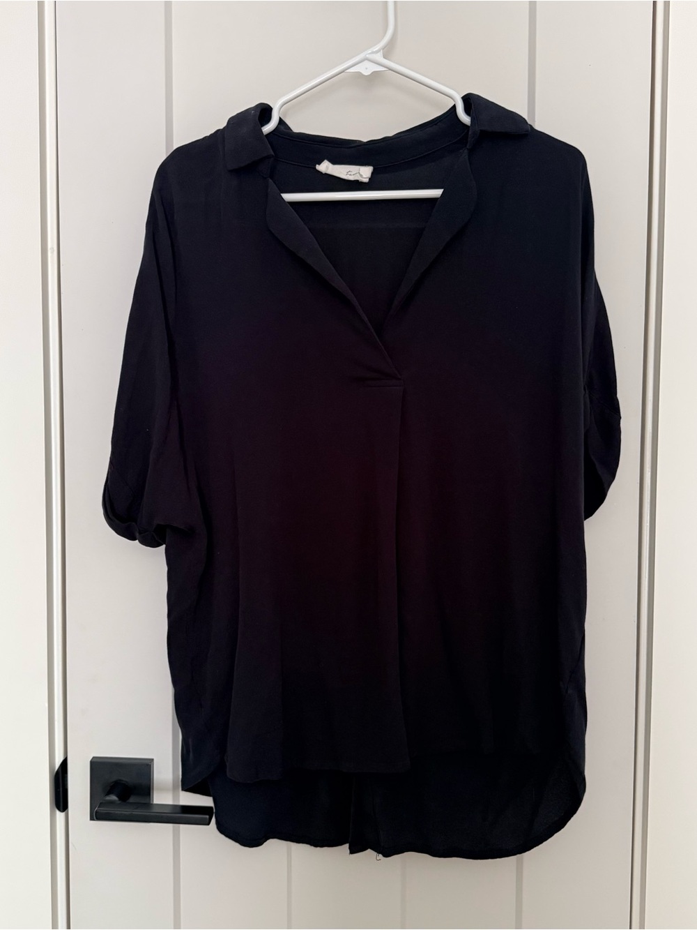 All in Favor Black V-Neck Collared Blouse with button down back detail